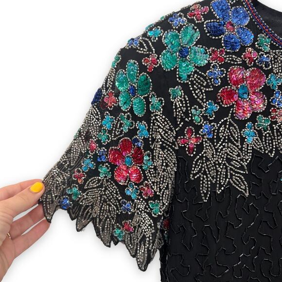 Vintage 80s Silk Embroidered Sequinned Cocktail Dress Size M - Picture 5 of 6
